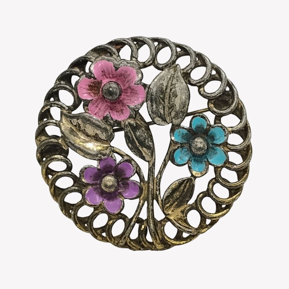 Vtg Painted Silver Enamel Floral Brooch Pin Infinity Loop